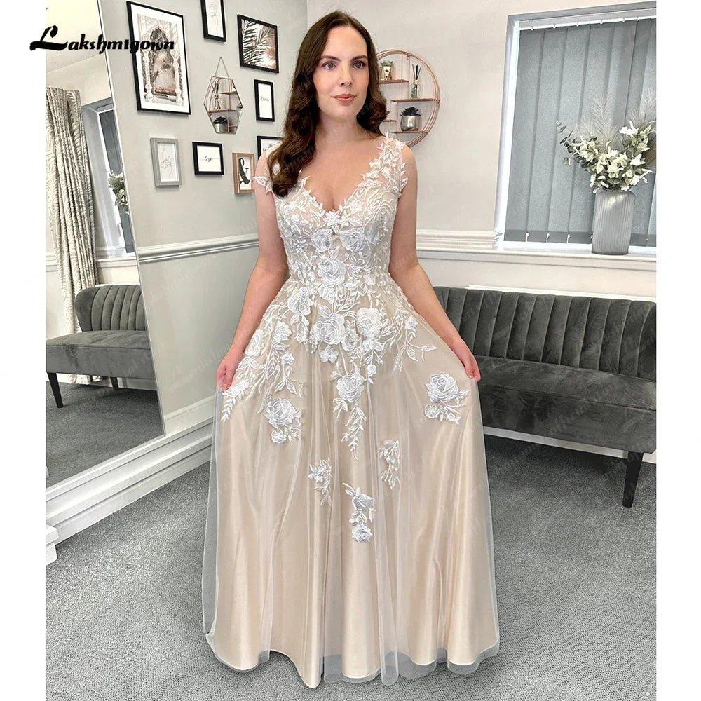 NumberSea Champagne Beach Formal Wedding Dresses Sweep Train Sleeveless Lace With Appliques 2025 Bridal Gowns