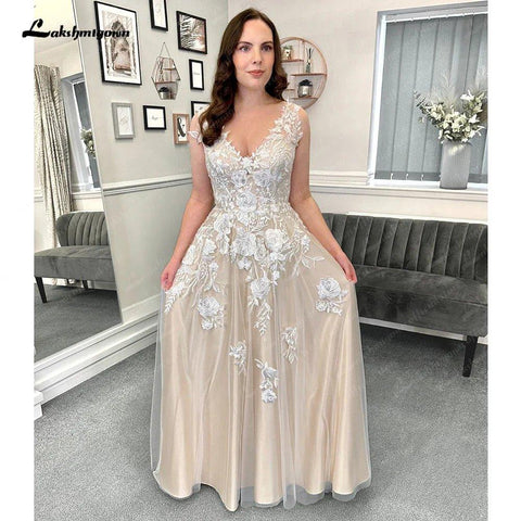 Vestidos de noiva de cerimónia NumberSea Champagne Beach, cauda longa, sem mangas, renda com aplicações, 2025 
