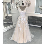 NumberSea Champagne Beach Formal Wedding Dresses Sweep Train Sleeveless Lace With Appliques 2025 Bridal Gowns