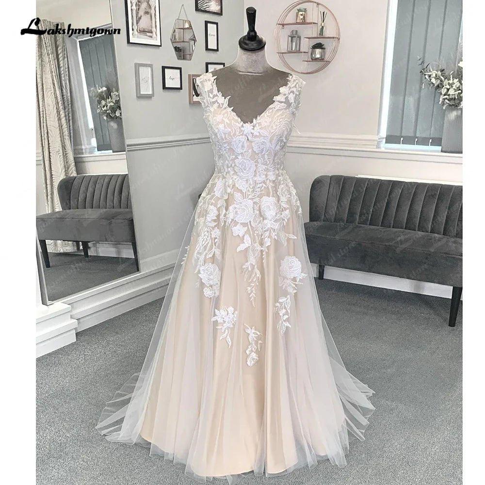 NumberSea Champagne Beach Formal Wedding Dresses Sweep Train Sleeveless Lace With Appliques 2025 Bridal Gowns