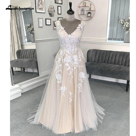 Vestidos de noiva de cerimónia NumberSea Champagne Beach, cauda longa, sem mangas, renda com aplicações, 2025 