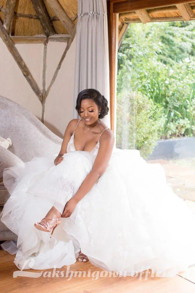 NumberSea Champagne Floral Lace Wedding Dresses Sexy Backless Ruffles Puffy Bridal Gowns Beach Wedding Gowns Vestido De Noiva