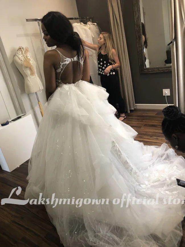 NumberSea Champagne Floral Lace Wedding Dresses Sexy Backless Ruffles Puffy Bridal Gowns Beach Wedding Gowns Vestido De Noiva