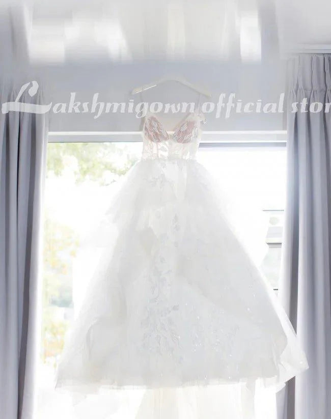 NumberSea Champagne Floral Lace Wedding Dresses Sexy Backless Ruffles Puffy Bridal Gowns Beach Wedding Gowns Vestido De Noiva