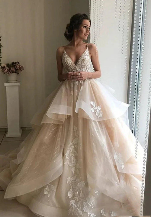 NumberSea Robes de mariée en dentelle florale champagne dos nu sexy volants bouffantes robes de mariée pour plage Vestido De Noiva