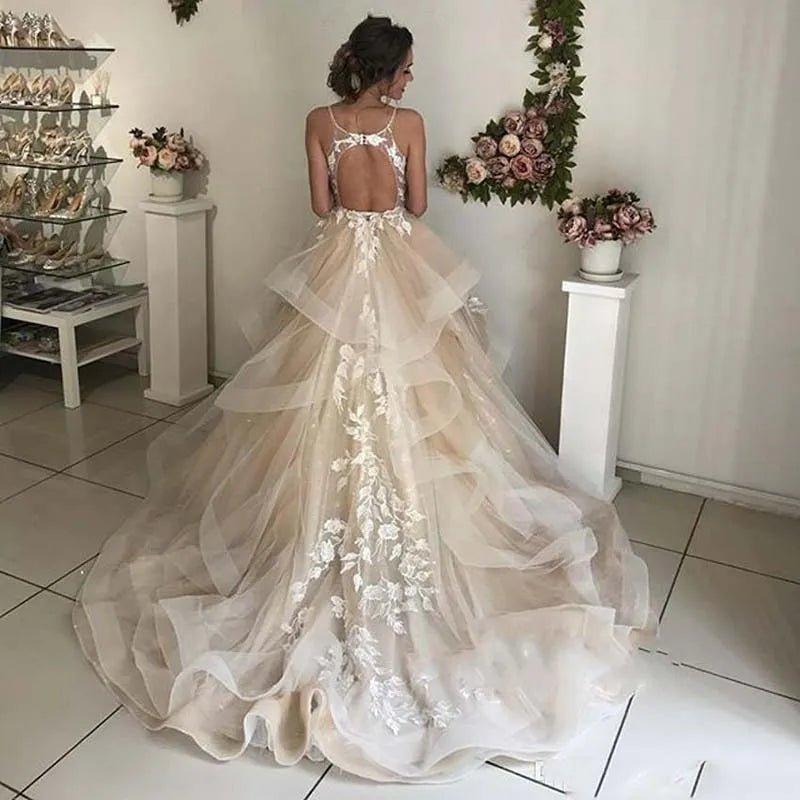 NumberSea Champagne Floral Lace Wedding Dresses Sexy Backless Ruffles Puffy Bridal Gowns Beach Wedding Gowns Vestido De Noiva