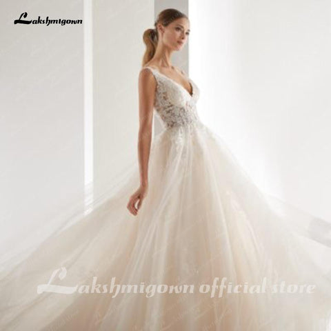 NumberSea Champagner Brautkleider A-Linie Applikationen Bodenlangen