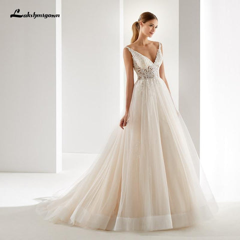 NumberSea Champagner Brautkleider A-Linie Applikationen Bodenlangen
