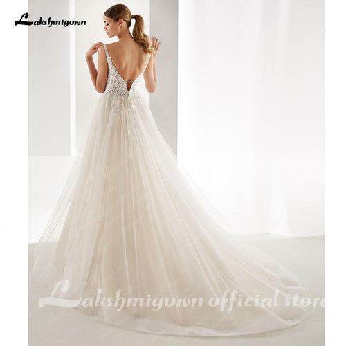 NumberSea Robes de mariée champagne A-Ligne Appliqués Longueur sol