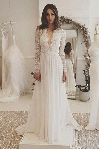 NumberSea Charmantes, erschwingliches Chiffon-Brautkleid mit langen Ärmeln und V-Ausschnitt, MW116 