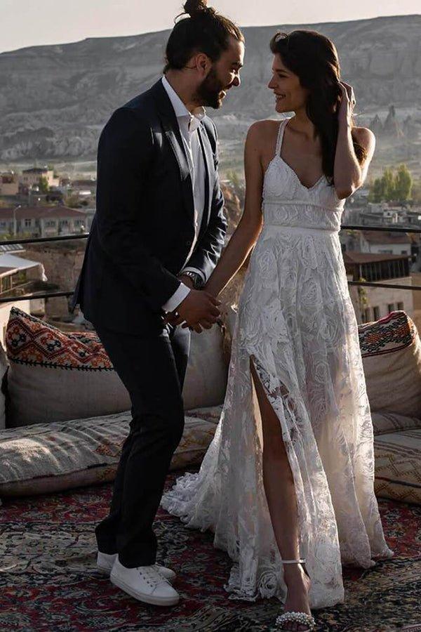 NumberSea Charmantes elfenbeinfarbenes, bodenlanges Brautkleid mit V-Ausschnitt und Spitze online, MW237 