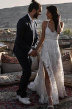 NumberSea Charmantes elfenbeinfarbenes, bodenlanges Brautkleid mit V-Ausschnitt und Spitze online, MW237 