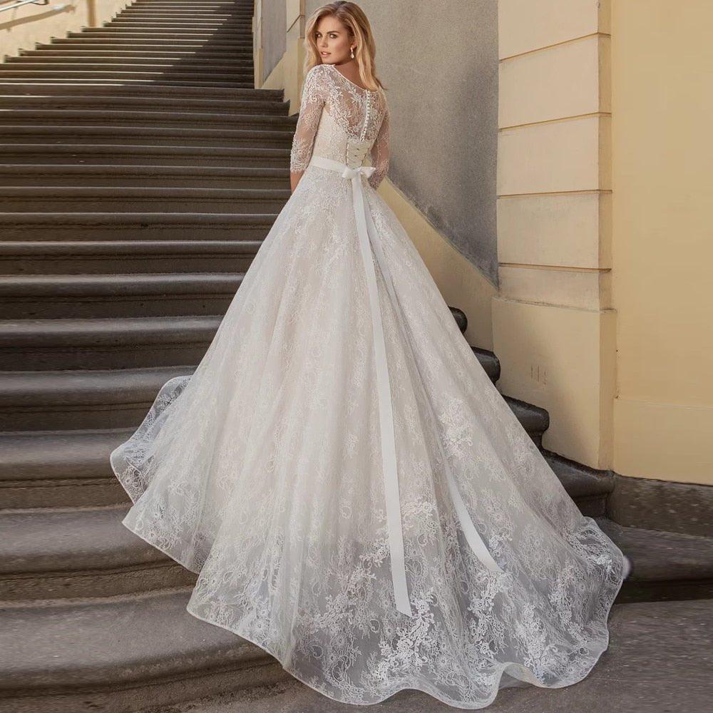 NumberSea Charming Lace Wedding Dress with Sleeves Scoop Neck  A-line Princess Bridal Gowns Robe de Mariage Bride Dress Sashes