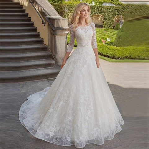 NumberSea Charmantes Spitzen-Brautkleid mit Ärmeln, U-Ausschnitt, A-Linie, Prinzessinnen-Brautkleider, Robe de Mariage, Brautkleid, Schärpen