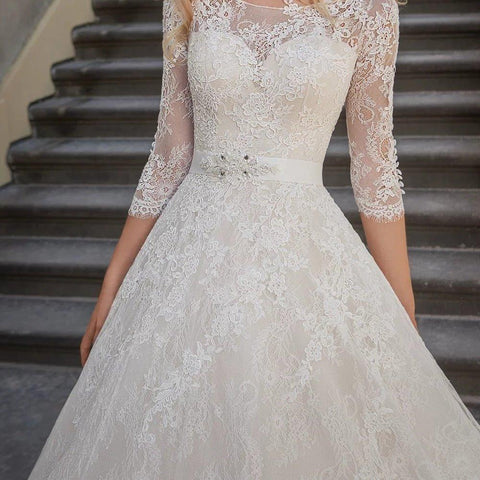 NumberSea Charmantes Spitzen-Brautkleid mit Ärmeln, U-Ausschnitt, A-Linie, Prinzessinnen-Brautkleider, Robe de Mariage, Brautkleid, Schärpen