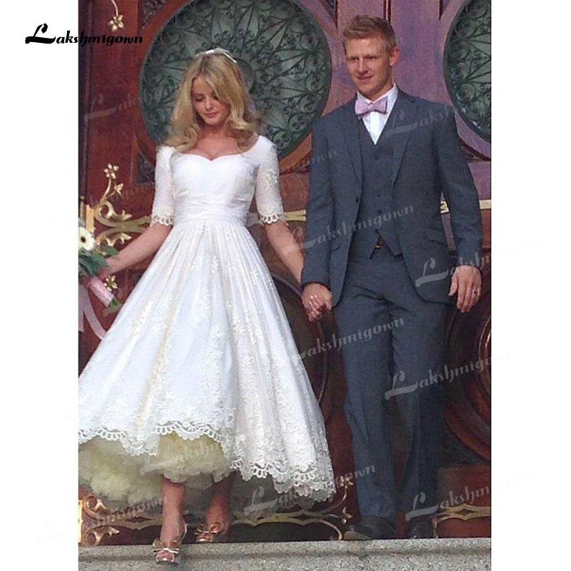 NumberSea Charming Soft Satin A-Line Wedding Dresses Sweetheart Neck Short Sleeve Back With Zipper Tea-Length Lace Bride Gowns Corset