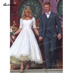 NumberSea Charming Soft Satin A-Line Wedding Dresses Sweetheart Neck Short Sleeve Back With Zipper Tea-Length Lace Bride Gowns Corset