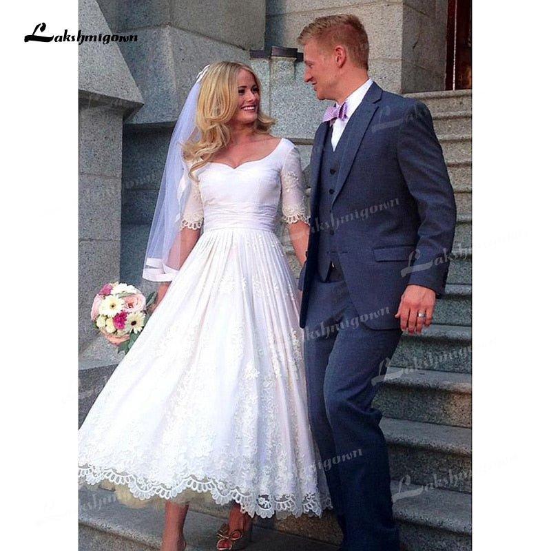 NumberSea Charming Soft Satin A-Line Wedding Dresses Sweetheart Neck Short Sleeve Back With Zipper Tea-Length Lace Bride Gowns Corset