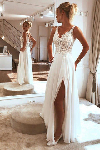 NumberSea Charmantes Brautkleid mit Spaghettiträgern und Spitzenapplikationen, geteiltes Chiffon-Strandbrautkleid, MW359