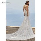 NumberSea Charming Tulle & Soft Satin Mermaid Wedding Dresses V-Neck Sleeveless Illusion Lace Appliques Chapel Train Bride Gowns Trouwjurk