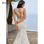 NumberSea Charming Tulle & Soft Satin Mermaid Wedding Dresses V-Neck Sleeveless Illusion Lace Appliques Chapel Train Bride Gowns Trouwjurk