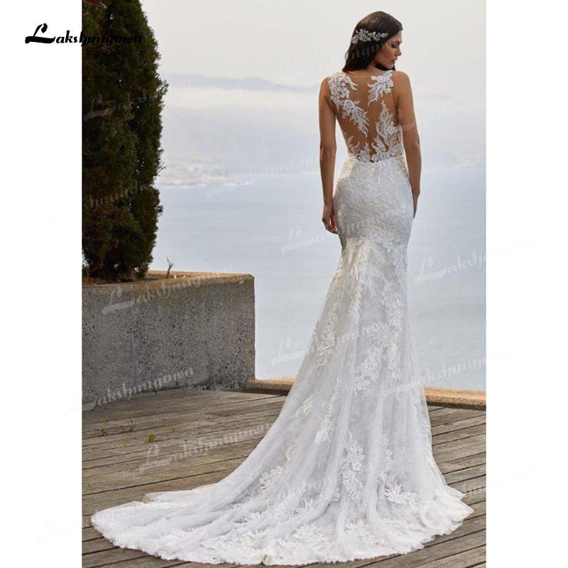 NumberSea Charming Tulle & Soft Satin Mermaid Wedding Dresses V-Neck Sleeveless Illusion Lace Appliques Chapel Train Bride Gowns Trouwjurk