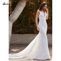 NumberSea Robe de mariée sirène charmante en tulle et satin doux, décolleté en V, sans manches, avec applications de dentelle illusion et traîne chapelle, robe de mariée Trouwjurk