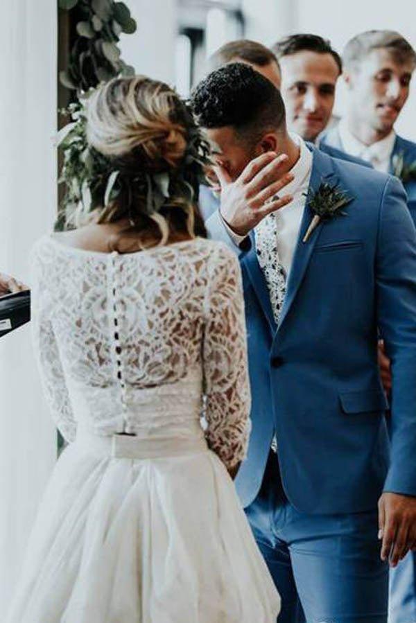 NumberSea Günstiges 3/4-Ärmel-Spitze Elfenbein Chiffon Rustikal Zweiteiliges Brautkleid, MW273