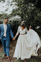 NumberSea Günstiges 3/4-Ärmel-Spitze Elfenbein Chiffon Rustikal Zweiteiliges Brautkleid, MW273