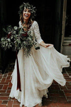 NumberSea Günstiges 3/4-Ärmel-Spitze Elfenbein Chiffon Rustikal Zweiteiliges Brautkleid, MW273