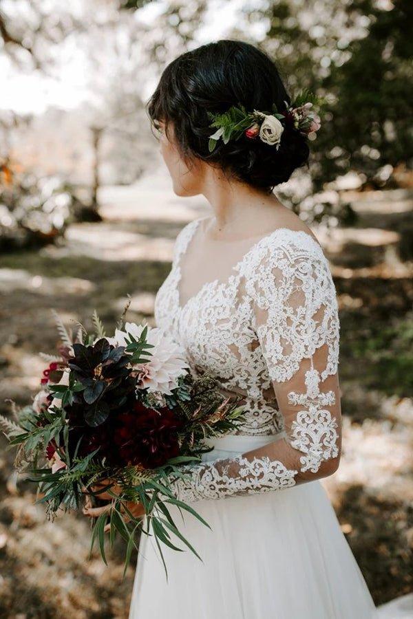 NumberSea Günstige A-Linie Bateau Langarm Rustikale Spitze Brautkleider, MW507