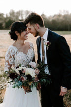 NumberSea Günstige A-Linie Bateau Langarm Rustikale Spitze Brautkleider, MW507