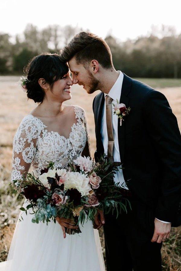 NumberSea Günstige A-Linie Bateau Langarm Rustikale Spitze Brautkleider, MW507