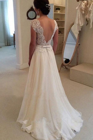 NumberSea Günstige A-Linie Spitzenoberteil Rückenfreies Brautkleid Langes Strandhochzeitskleid, MW104 