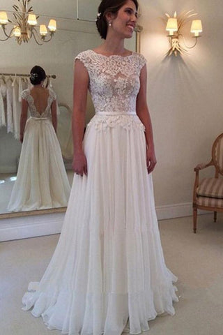 NumberSea Günstige A-Linie Spitzenoberteil Rückenfreies Brautkleid Langes Strandhochzeitskleid, MW104 