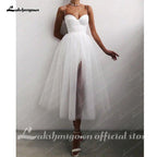 NumberSea Cheap A Line Short Wedding Dress 2021 Spaghetti Straps Simple Bride Dresses Tea Length Weddin Party Gowns