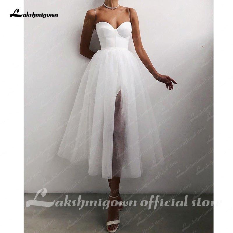 NumberSea Cheap A Line Short Wedding Dress 2021 Spaghetti Straps Simple Bride Dresses Tea Length Weddin Party Gowns