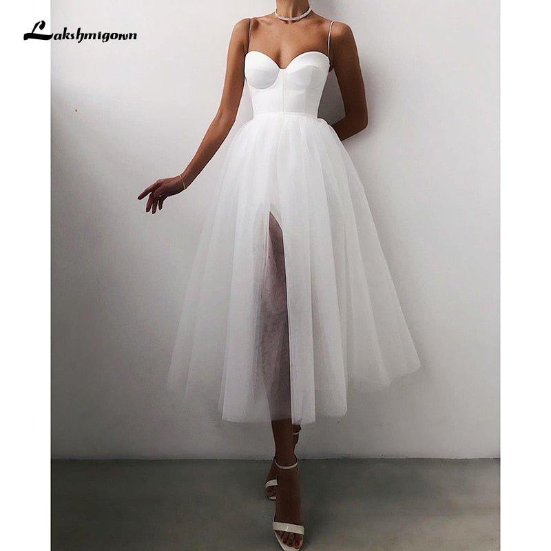 NumberSea Cheap A Line Short Wedding Dress 2021 Spaghetti Straps Simple Bride Dresses Tea Length Weddin Party Gowns