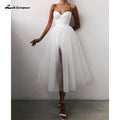 NumberSea Robe de Mariée Courte Ligne A à Prix Abordable 2021 Bretelles Spaghetti Robe Simple pour Mariée Longueur Thé Robes de Soirée de Mariage