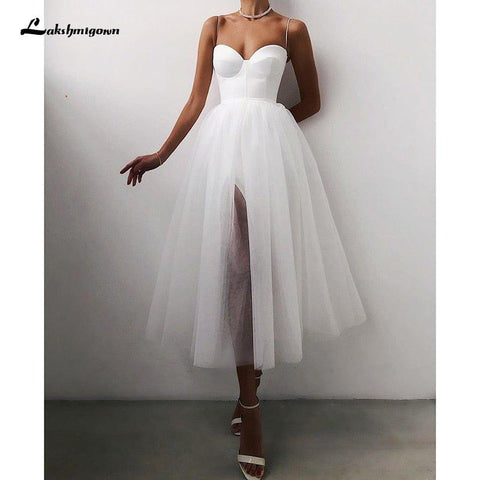 NumberSea Günstige A-Linie Kurzes Brautkleid 2021 Spaghettiträger Einfache Brautkleider Tee Länge Hochzeitspartykleider