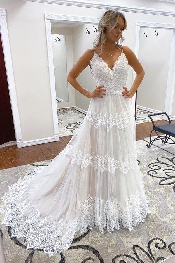 NumberSea Günstige A-Linie Spaghettiträger Spitze Brautkleider Rustikales Hochzeitskleid, MW501