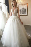 Vestido de novia de gala barato NumberSea con escote en V, espalda abierta y aplicaciones en color marfil, modelo MW302