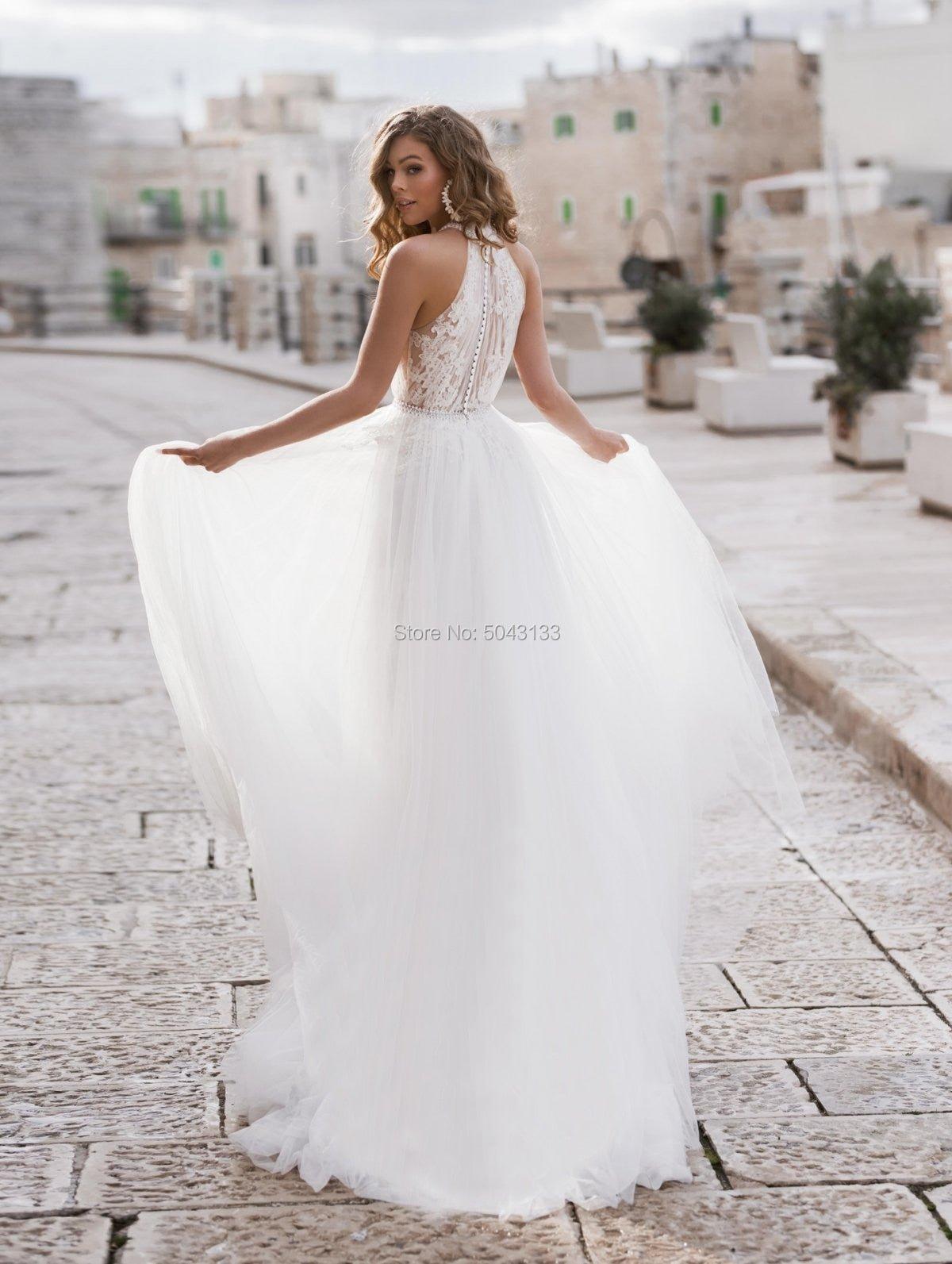 NumberSea Cheap Halter A Line Soft Tulle Wedding Dresses 2021 Inside Lace Appliques Beaded Sash Sleeveless Floor Length Turkey Bridal Gown
