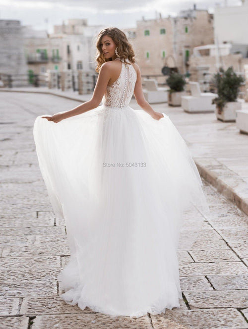 NumberSea Robes de mariée en tulle doux A-Ligne Col halter bon marché 2021 Appliqués dentelle intérieurs Ceinture perlée Sans manches Longueur sol Robe de mariée Turquie
