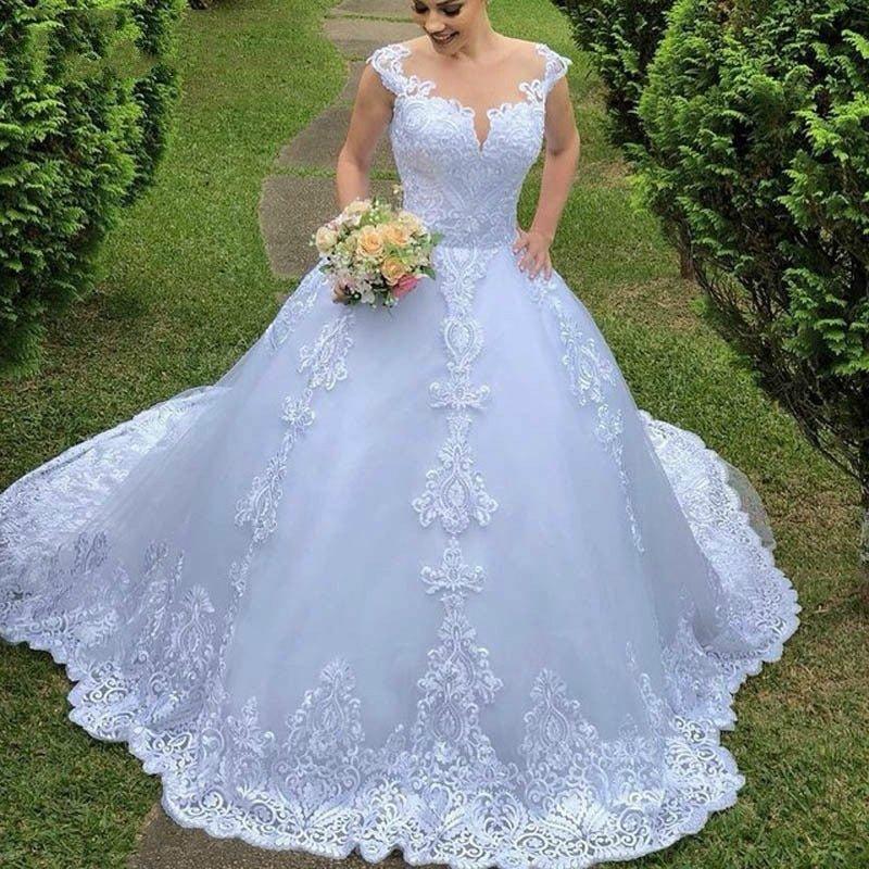 NumberSea Cheap Illusion Vestido De Noiva Round Neck Ball Gown Princess Appliques For Luxury Wedding Dress Wedding Dress Sexy Mariee Back
