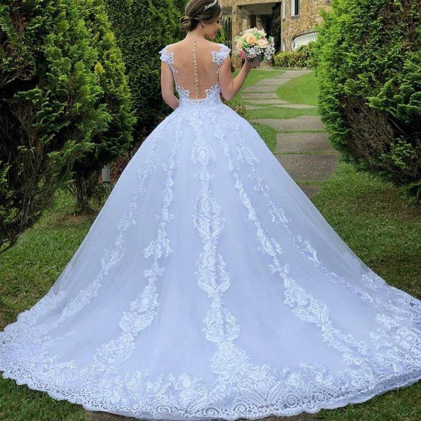 NumberSea Cheap Illusion Vestido De Noiva Round Neck Ball Gown Princess Appliques For Luxury Wedding Dress Wedding Dress Sexy Mariee Back