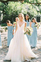 NumberSea Cheap Ivory Spaghetti Strap Wedding Dresses Backless V-neck Bridal Dress,MW376