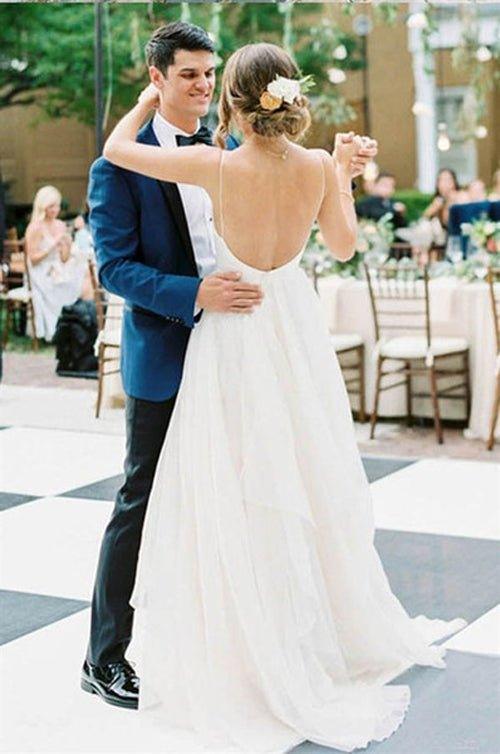 NumberSea Cheap Ivory Spaghetti Strap Wedding Dresses Backless V-neck Bridal Dress,MW376