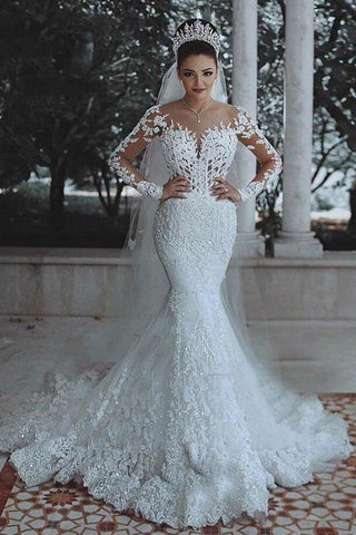 NumberSea Günstige Langarm Spitze Brautkleid Meerjungfrau Brautkleider, MW291