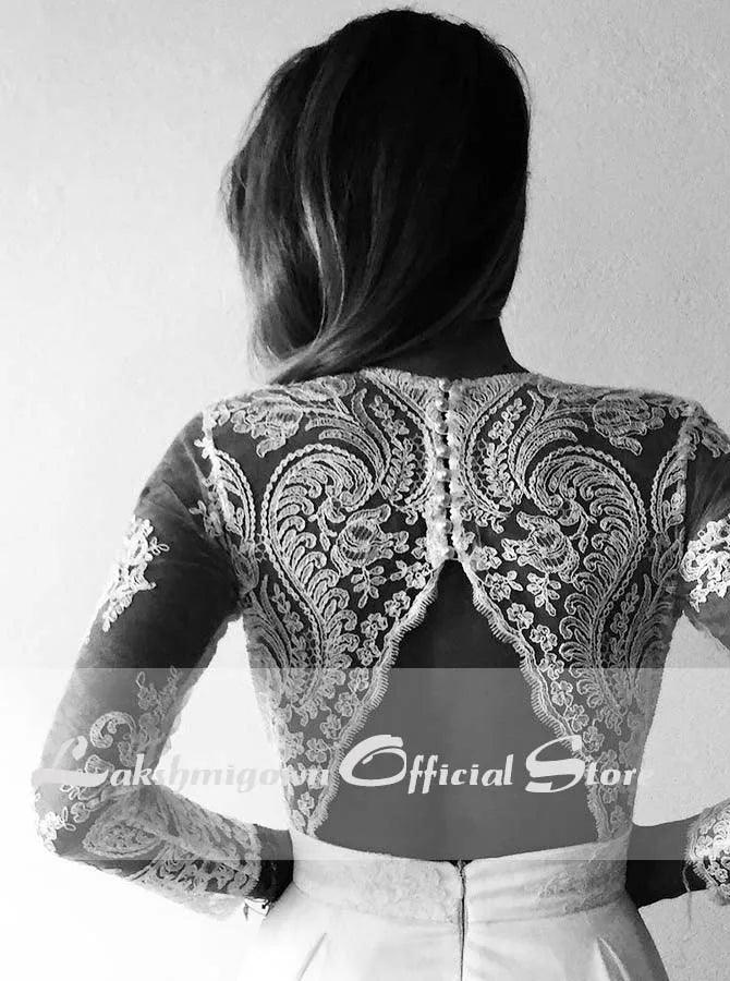 NumberSea Cheap Long White Lace A-line Wedding Dresses Bridal Gowns vestido de noiva with see-through long sleeves robe mariage femme